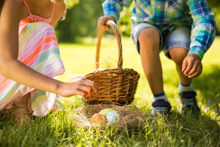 Enfants chassant des œufs de Pâques dans l'herbe.